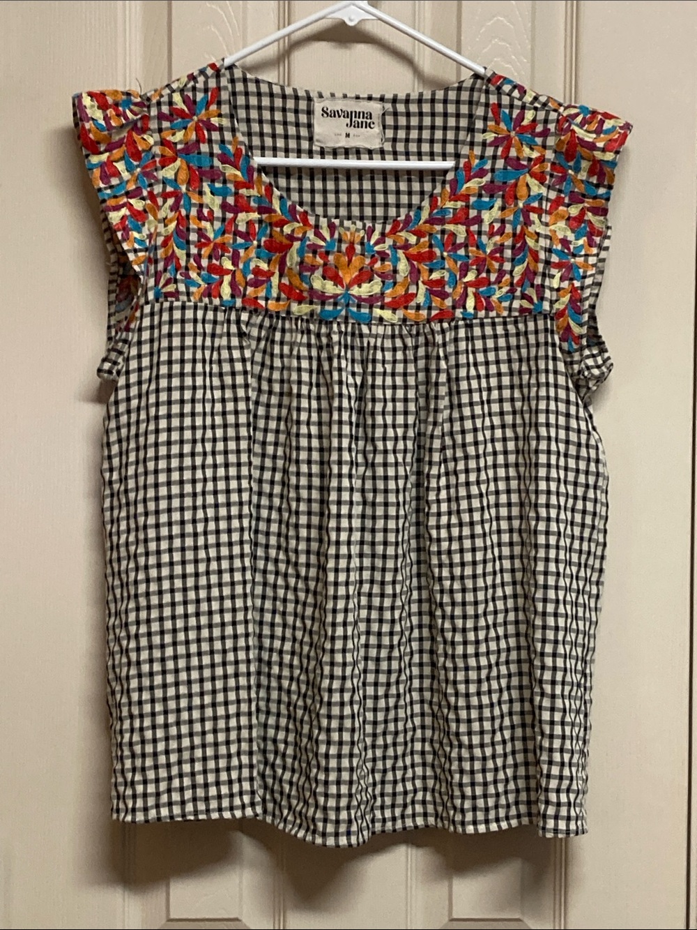Savanna Jane Black and White Gingham Embroidered Top Sz M